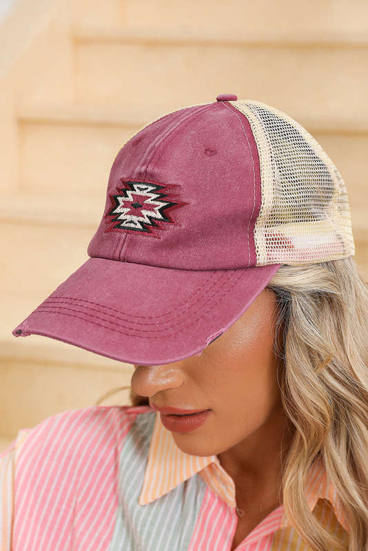 Coral Aztec Pattern Cotton Distressed Baseball Cap