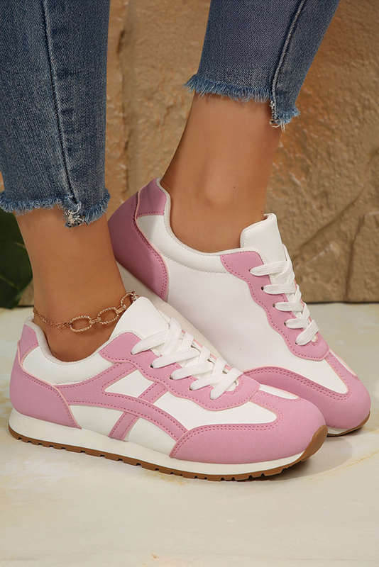 Pink Color Block Lace-up PU Leather Sneakers