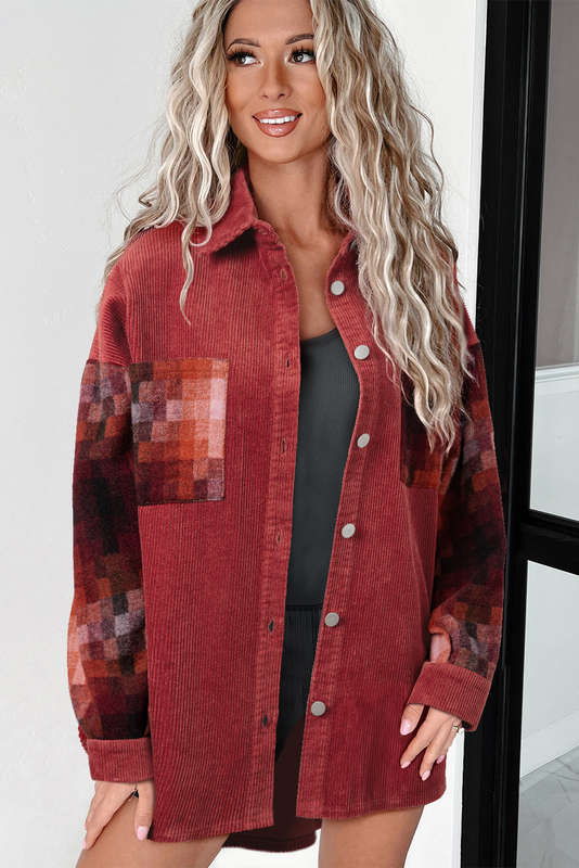 Gold Flame Checker Patchwork Raw Edge Oversized Corduroy Jacket