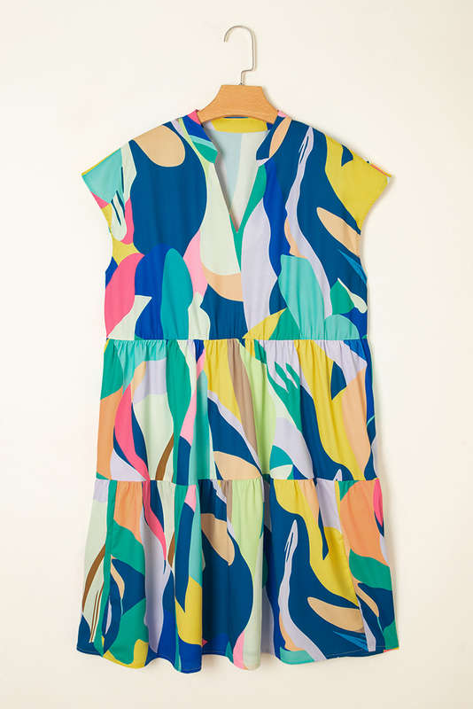 Blue Abstract Print V Neck Cap Sleeve Pocketed Mini Dress