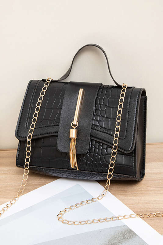 Black Faux Crocodile Leather Metal Chain Strap Tassel Decor Bag