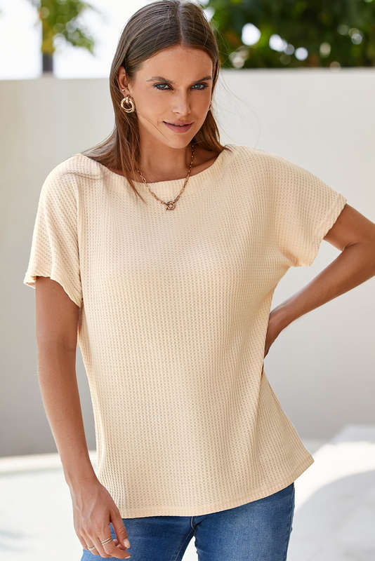 Light French Beige Waffle Knit Boat Neck Short Sleeve Top