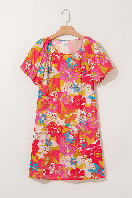 Pink Floral Print Bubble Short Sleeve Dress
