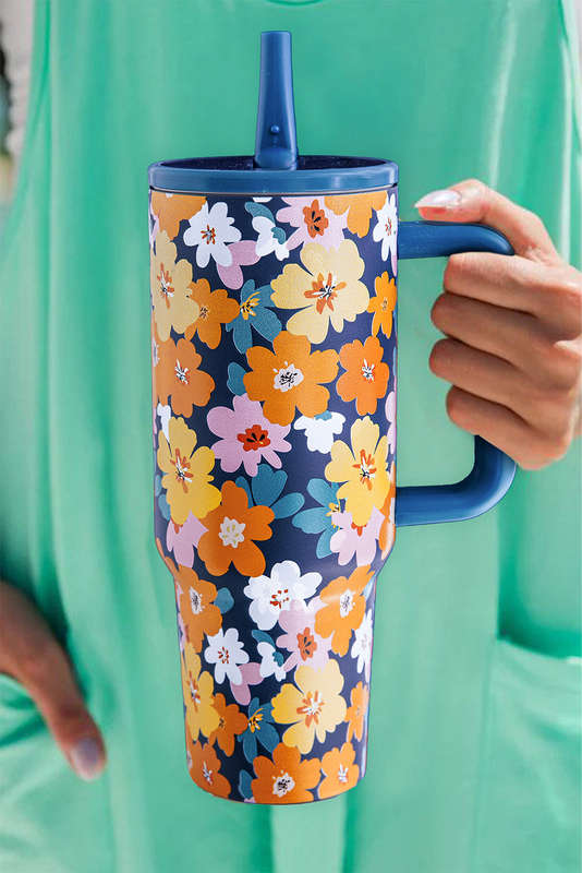 Sky Blue Flower Print Stainless Steel Large Vacuum Cup