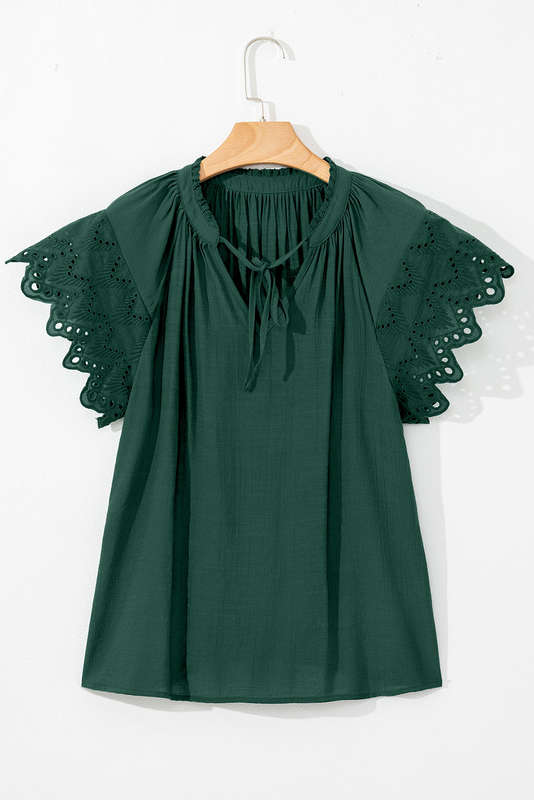 Green Bay Eyelet Embroidered Sleeve Tie V Neck Blouse