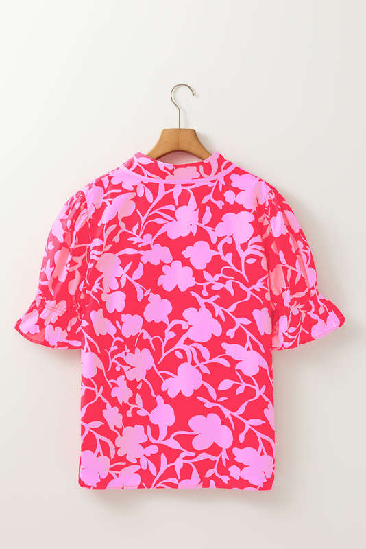 Red Floral Split V Neck Ruffled Short Sleeve Blouse Top