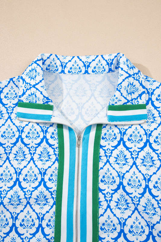 Sky Blue Western Print Zipped Collar Short Sleeve Summer Blouse Top
