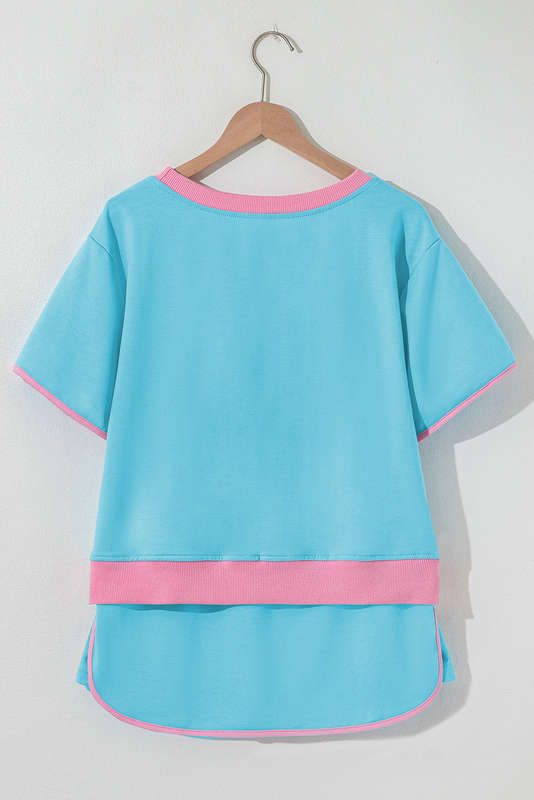 Turquoise Colorblock Edge Drop Shoulder T Shirt and Skort 2Pcs Set