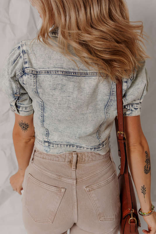 Beau Blue Light Wash Buttoned Chest Pocket Puff Sleeve Denim Jacket