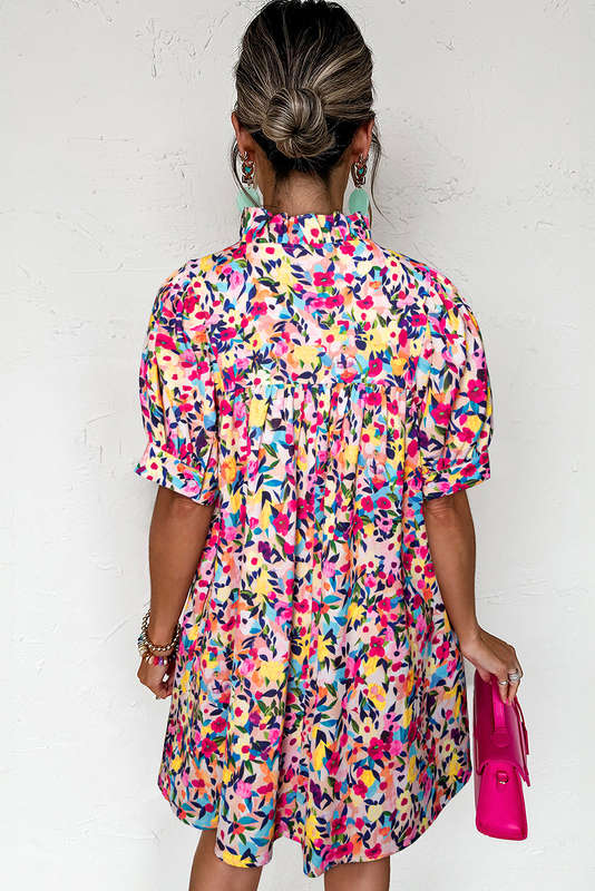 Pink Floral Puff Short Sleeve V Neck Mini Dress