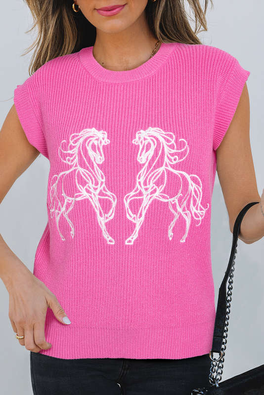 Sachet Pink Western Horse Embroidered Round Neck Sweater Tee