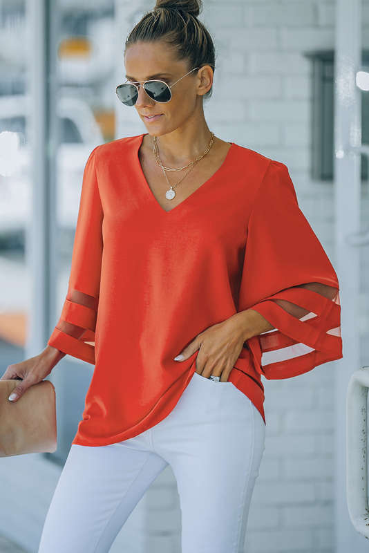 Fiery Red Flare Sleeve V Neck Loose Blouse