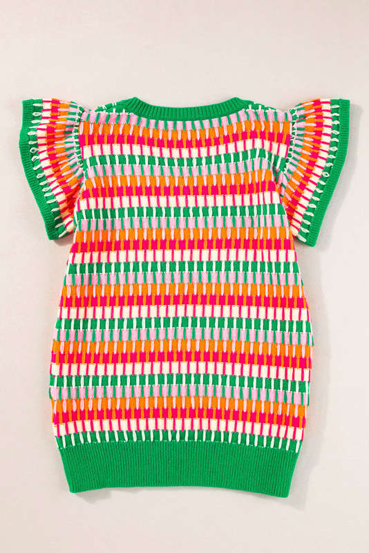 Green Multi Flutter Sleeve Knitted Sweater Top