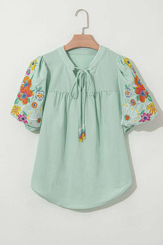 Clearly Aqua Floral Embroidered Puff Sleeve Split Neck Blouse