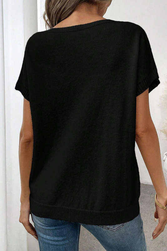 Black Bow Pattern Knit Short Sleeve Sweater