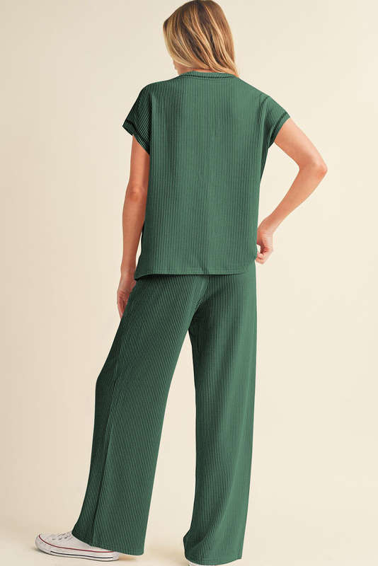 Blackish Green Solid Color Corded Short Sleeve Top and Casual Pants Set