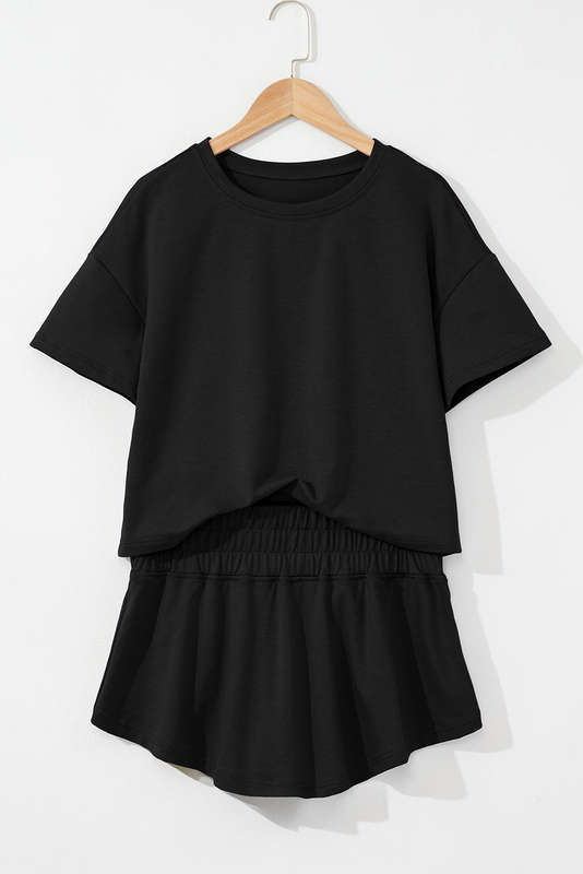 Black 2pcs Cropped Tee and Ruffle High Waist Skort Set
