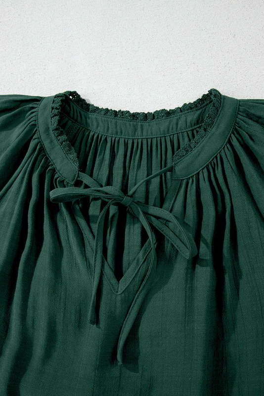 Green Bay Eyelet Embroidered Sleeve Tie V Neck Blouse