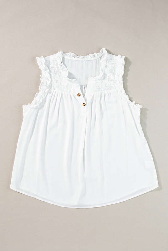 White Button Split Neck Ruffled Trim Tank Top