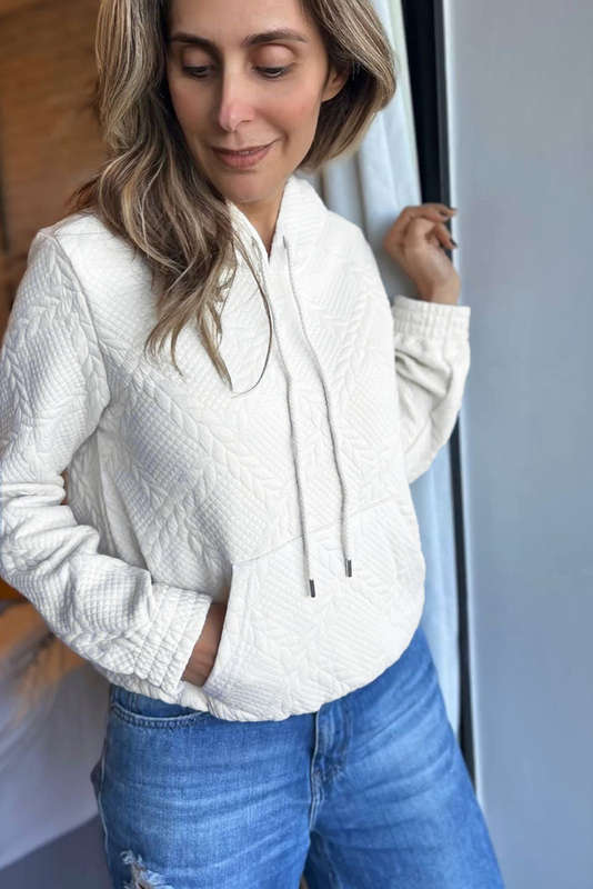White Cable Lattice Texture Kangaroo Pocket Hoodie