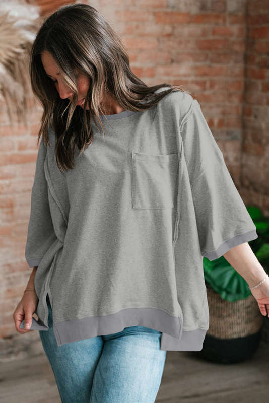 Light Grey Exposed Seam Chest Pocket Split Loose T Shirt