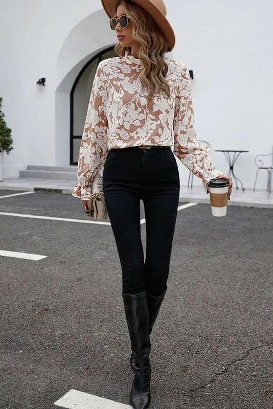 Flaxen Floral Print Frilled Neckline Flounce Sleeve Blouse