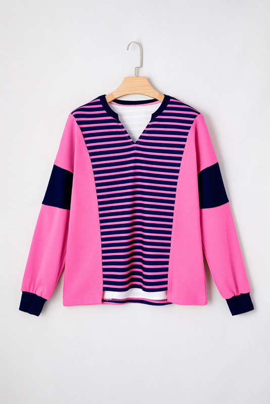 Pink Stripe Color Block V Neck Loose Fit Long Sleeve Top
