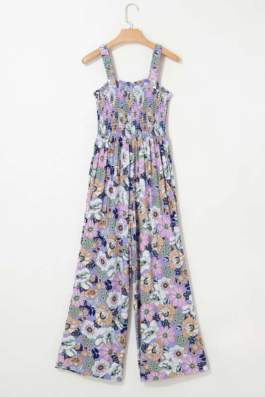 Purple Floral Print Smocked High Waist Square Neck Jumpsuit