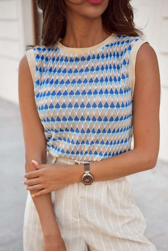 Blue V-Neck Knitted Summer Top with Exposed Seams