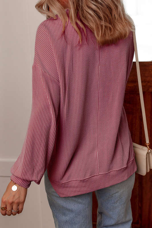 Fiery Red Twisted Rib V Neck Drop Shoulder Loose Sleeve Oversize Top
