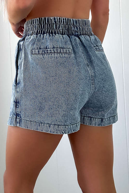 Dusk Blue Drawstring High Waist Pocketed Denim Shorts
