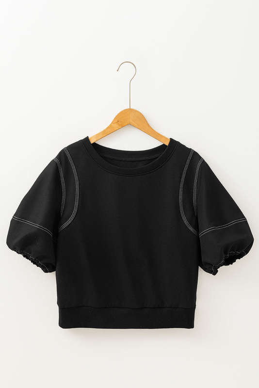 Black Contrast Stitches Detail Puffy Half Sleeve Blouse