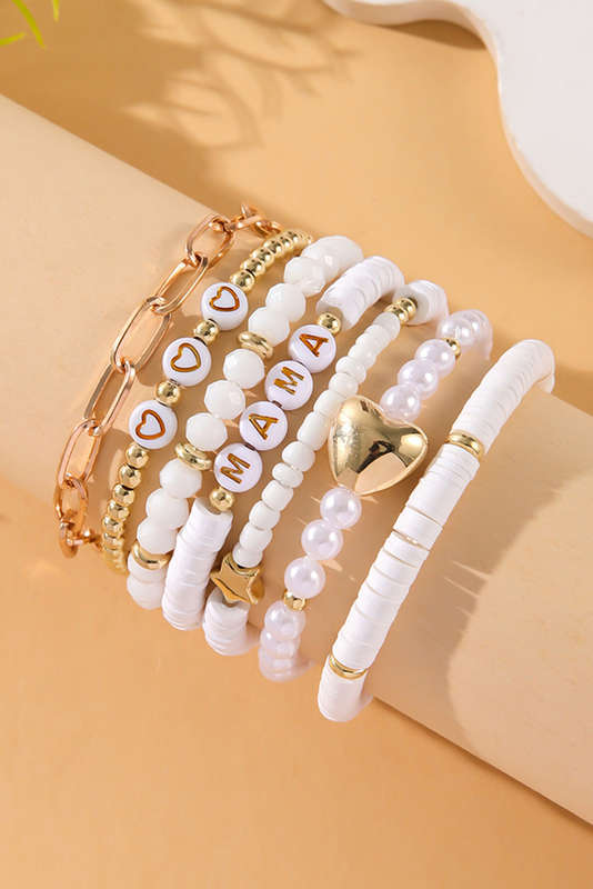 White MAMA Heart Pearl Beaded Chain Multi Layer Bracelet
