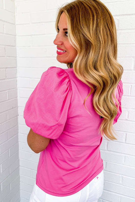 Strawberry Pink Casual Round Neck Bubble Sleeve T-shirt