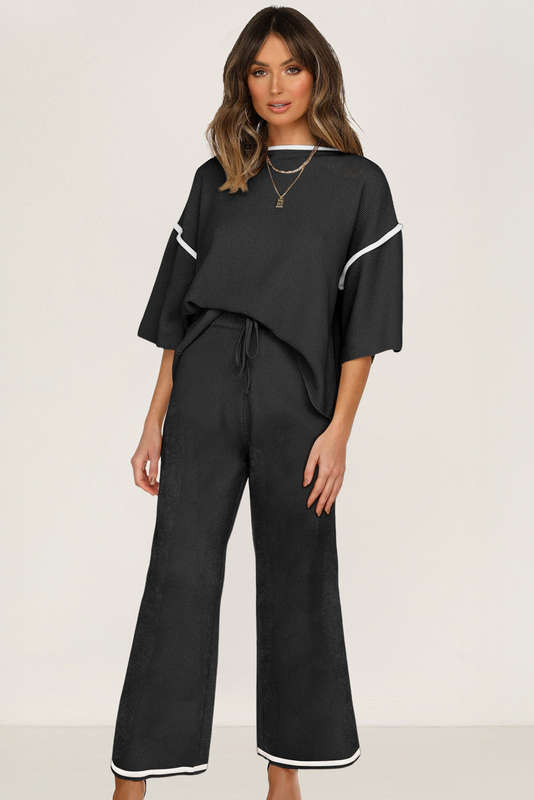 Black Contrast Trim Half Sleeve Top Drawstring Pants Loose 2pcs Sweater Suit