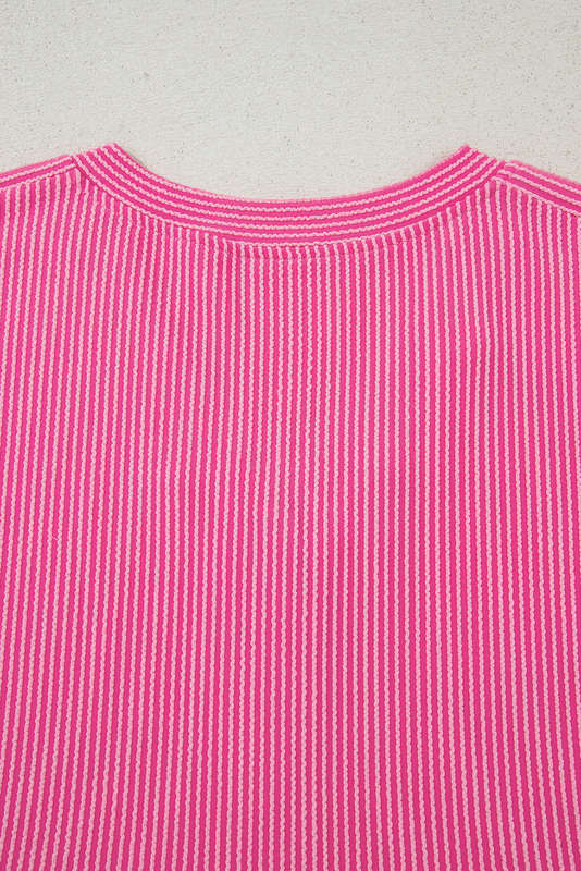 Bright Pink Spiral Ribbed Short Sleeve V Neck Buttoned Romper with Pocket