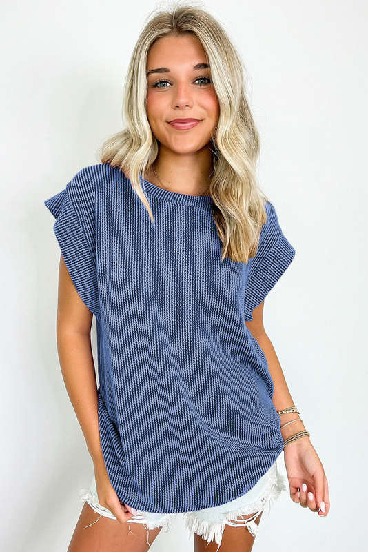 Dirty blue Twisted Rib Wide Sleeve Crew Neck T Shirt