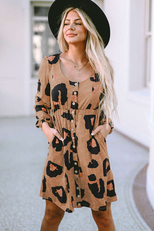 Leopard Print Button Front Bubble Sleeve Loose Knit Dress