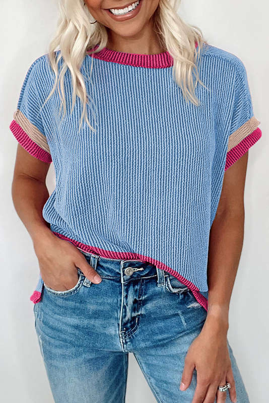 Sky Blue Textured Contrast Trim Round Neck T Shirt