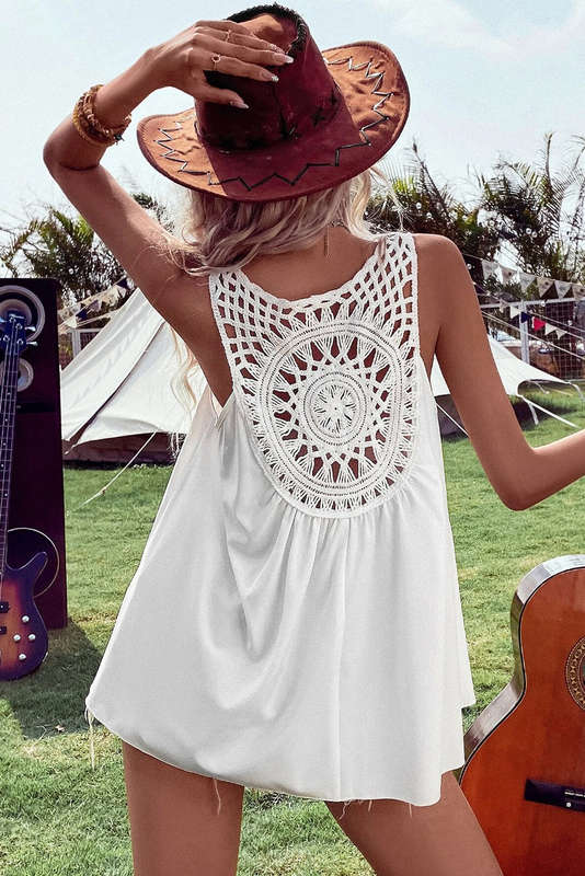 White Bohemian Crochet Patchwork Sleeveless Tunic