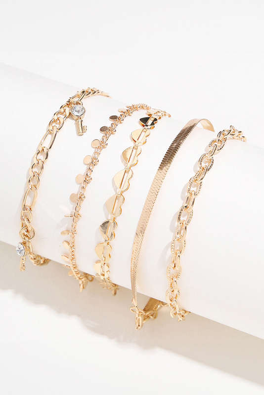 Gold Sweet Heart Rhinestone Dangle 5-piece Anklets