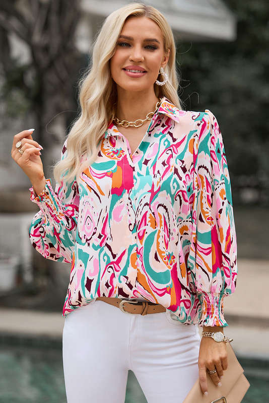 Red Paisley Print 3/4 Lantern Sleeve Shirt