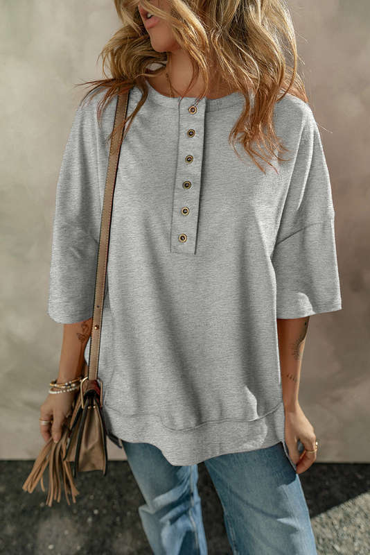 Gray Exposed Seam Button Neck Wide Sleeve Tunic Top
