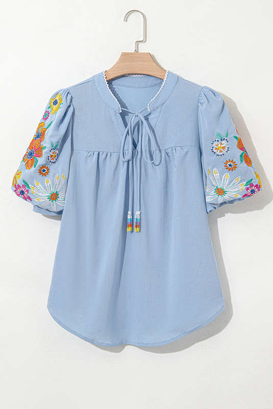 Beau Blue Floral Embroidered Puff Sleeve Split Neck Blouse