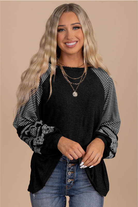 Black Contrast Print Striped Raglan Long Sleeve Loose Top