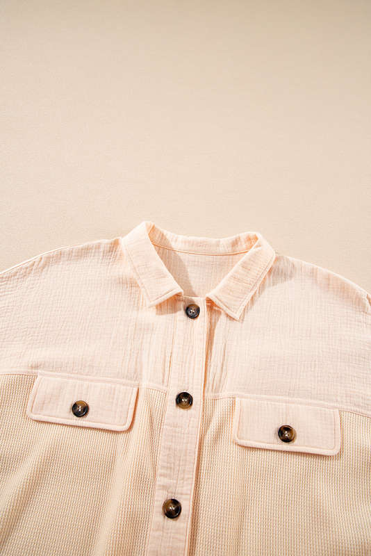 Beige Waffle Splicing Short Batwing Sleeve Flap Detail Shirt
