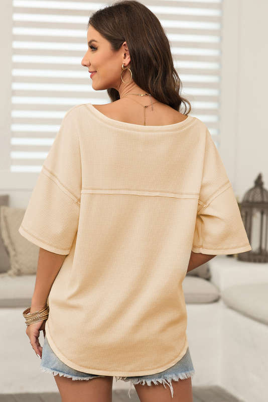Apricot Exposed Seam Half Sleeve Knitted V Neck Textured Top