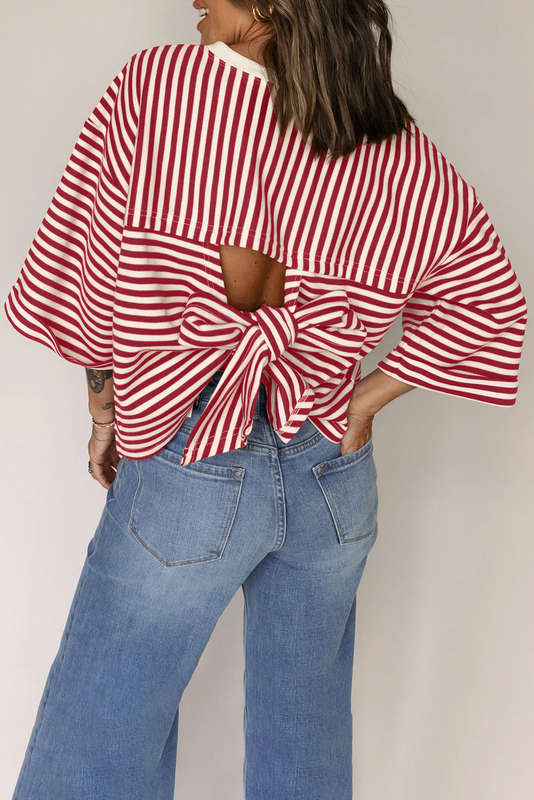 Red Stripe Bowknot Cutout Back Drop Shoulder Wide Bracelet Sleeve Loose Tee