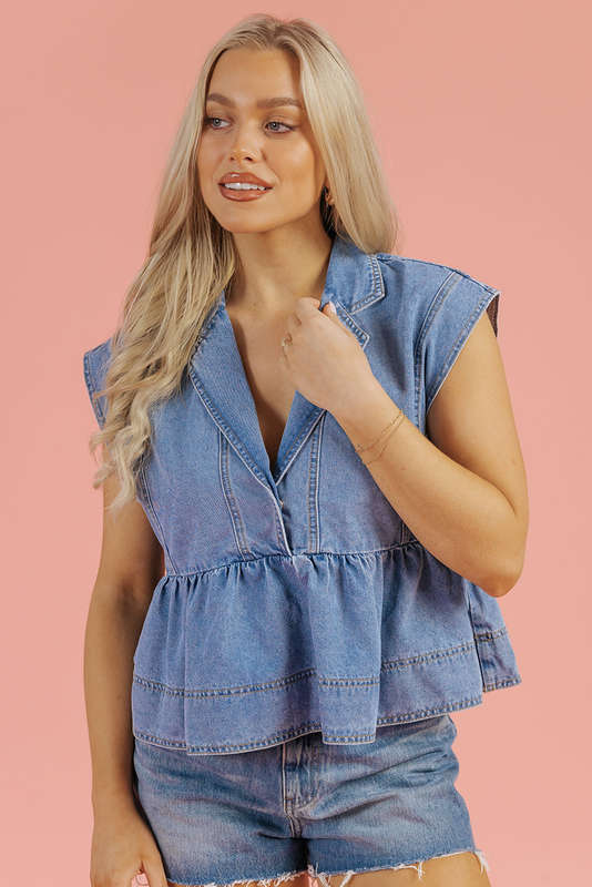 Dusk Blue Lapel Denim Babydoll Top