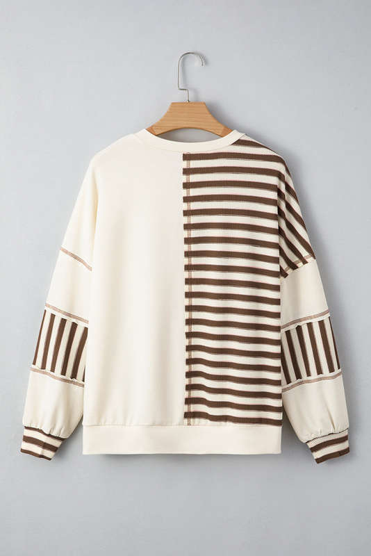 Khaki Stripe Stitched Detail Color Block Patchwork Oversized Pullover Top